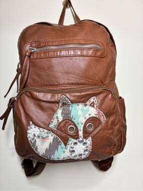 Vintage Y2K Mudd Brown Vegan Leather Fox Patch Backpack Bag Book Bag